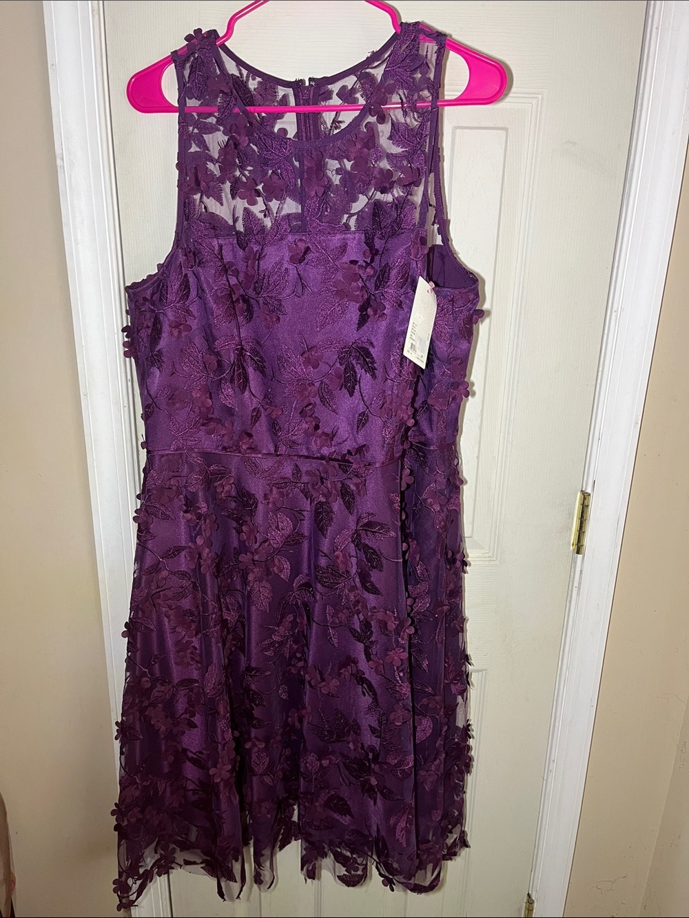 NWT Alex Marie Midnight Plum Purple Floral Lace Illusion A-Line Dress 16